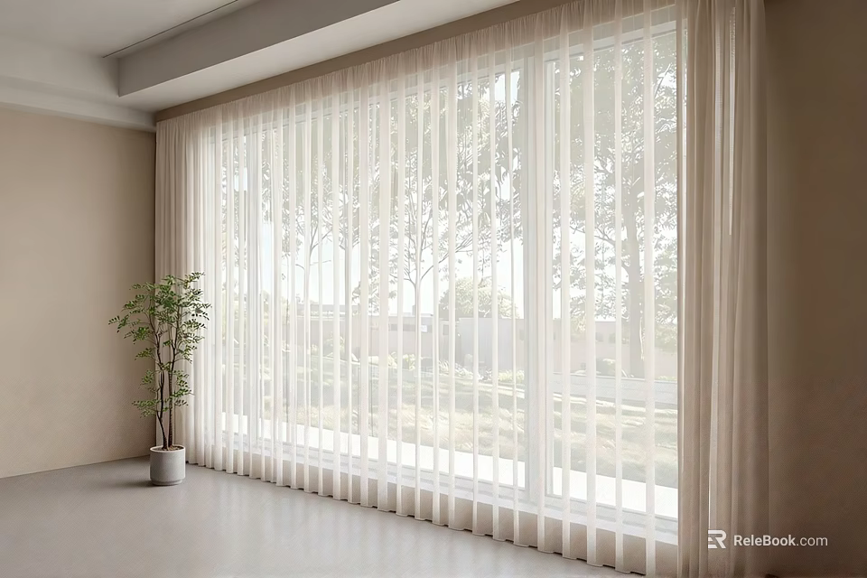 Sheer White Curtains For Large Window In Modern Room With Natural Light And Potted Plant 3d model 