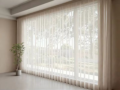 Sheer White Curtains For Large Window In Modern Room With Natural Light And Potted Plant 3d model