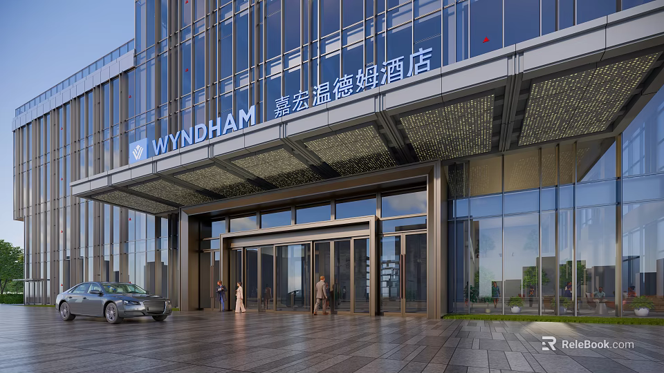 Modern Wyndham Hotel Building Facade With Glass Curtain Wall And Metal Framing Entrance 3d model 