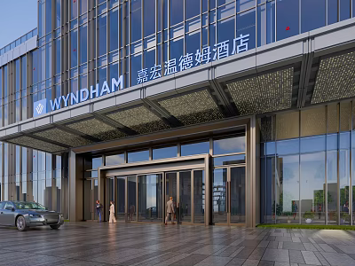 Modern Wyndham Hotel Building Facade With Glass Curtain Wall And Metal Framing Entrance 3d model
