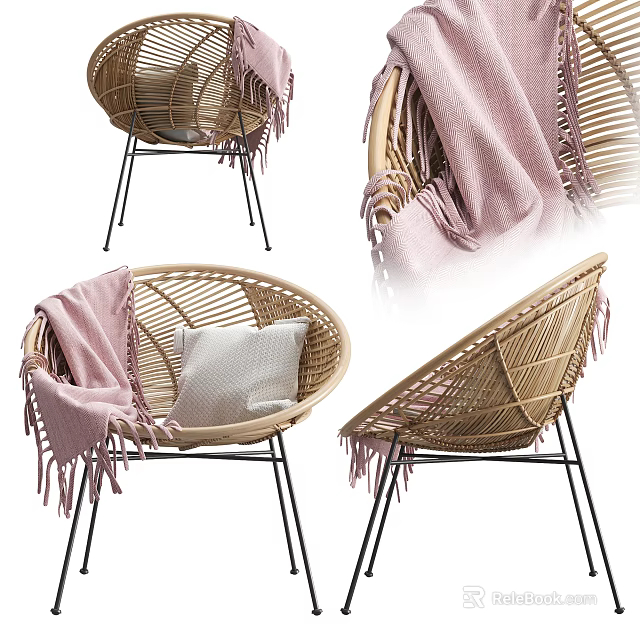 Rattan Outdoor Chair with Pink Blanket White Cushion and Black Metal Legs 3d model 