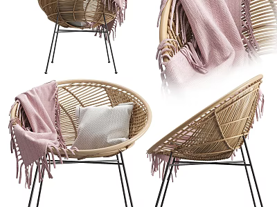 Rattan Outdoor Chair with Pink Blanket White Cushion and Black Metal Legs 3d model