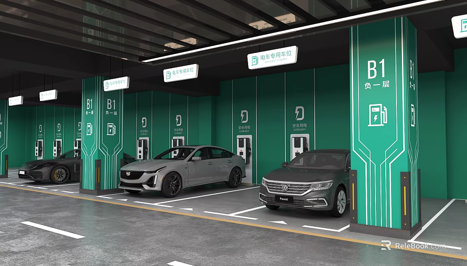 Underground Parking Garage With Electric Vehicle Charging Stations Green Walls And Parked Cars 3d model 