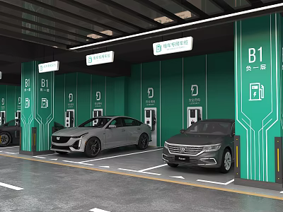 Underground Parking Garage With Electric Vehicle Charging Stations Green Walls And Parked Cars 3d model