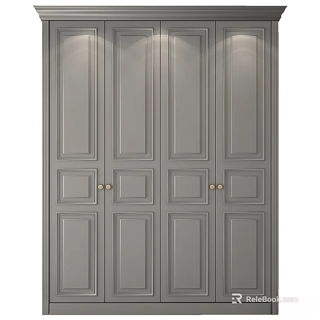 Gray Dresser With Symmetrical Line Details Multiple Doors And Golden Handles For Home Decor 3d model 