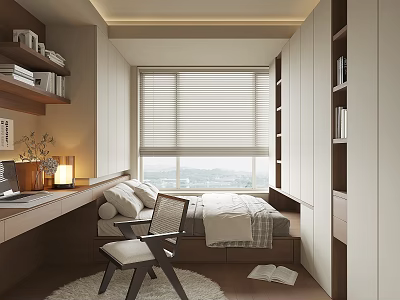 Tatami Bedroom Interior With Tatami Bed Window Blinds Built in Desk Wooden Chair and Bookshelves 3d model