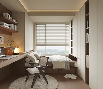 Modern Tatami Bedroom Bed Wardrobe Table Lamp Curtain Carpet Pillow 3d model