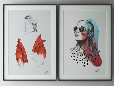 Framed Artworks Featuring Female Portraits With Abstract Colors And Black Dots 3d model