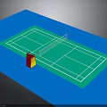 Badminton Court With Green Surface White Lines Net And Umpire Chair