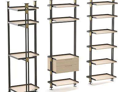 Modern Display Shelves With Metal Frames Multiple Tiers Wooden Shelves And Drawer Design 3d model