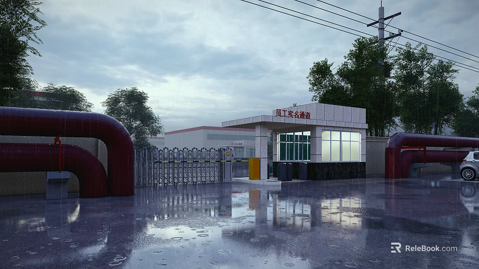 Industrial Area Entrance Gate With Metal Fence White Building Red Signboard Trees And Wet Ground 3d model 