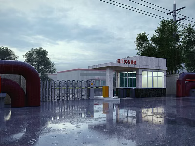 Industrial Area Entrance Gate With Metal Fence White Building Red Signboard Trees And Wet Ground 3d model