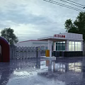 Industrial Area Entrance Gate With Metal Fence White Building Red Signboard Trees And Wet Ground