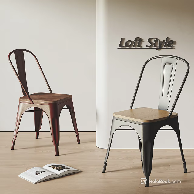 Loft Style Dining Chairs With Red And Gray Metal Frames And Wooden Seats 3d model 