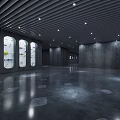 Modern Lobby Interior With Black Striped Ceiling Gray Walls And Curved Reception Desk