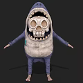 Cartoon Game Skeleton Character in Blue Shark Costume with Open Mouth and Green Stains