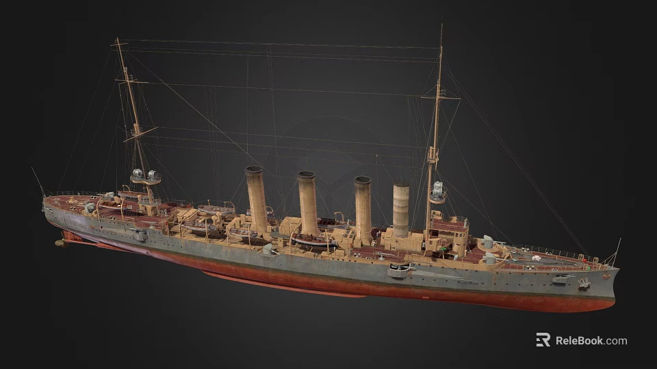 Wooden Ship Model With Multiple Chimneys Masts Gray Hull Red Bottom And Vintage Design 3d model 