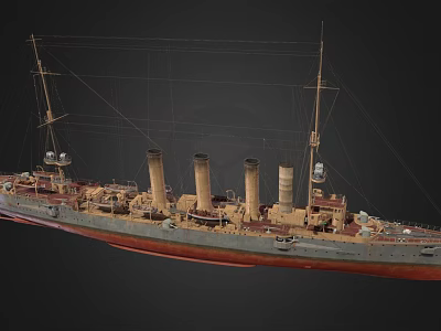 Wooden Ship Model With Multiple Chimneys Masts Gray Hull Red Bottom And Vintage Design 3d model