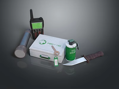 First Aid Emergency Kit With Walkie Talkie Flashlight Green Canteen Knife And Keys 3d model