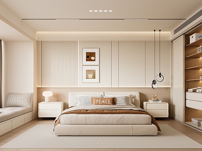 Modern Cream Style Bedroom Double Bed Vase Ornaments Chandelier Wardrobe Book Carpet Curtain Table Lamp model