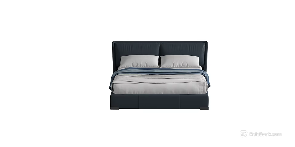Dark Blue Upholstered Double Bed With Headboard And White Pillows Bedding 3d model