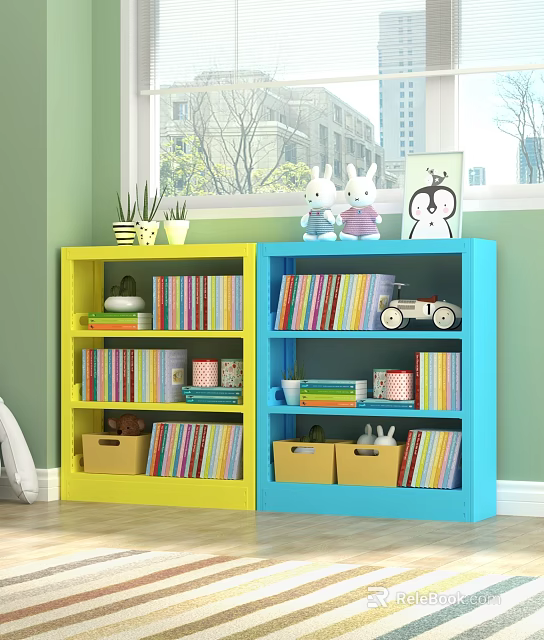 Kids Room Yellow And Blue Shelving Unit With Books Toys Storage Boxes And Potted Plants 3d model 