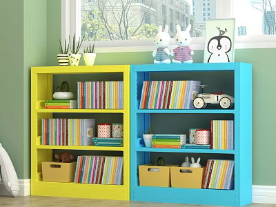 Kids Room Yellow And Blue Shelving Unit With Books Toys Storage Boxes And Potted Plants 3d model