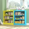 Kids Room Yellow And Blue Shelving Unit With Books Toys Storage Boxes And Potted Plants