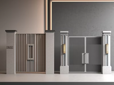 Modern Main Gate Design With Slatted Panels Decorative Pillars And Wall Lighting Fixtures 3d model