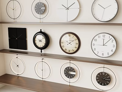 Various Styles of Wall Clocks Displayed on Wooden Shelves in Interior Space 3d model