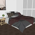 Double Bed With Burgundy Gray Bedding Plush Pillows And Wooden Nightstand By Sea View Window