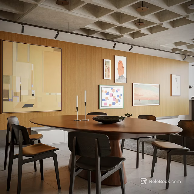 Modern Round Wooden Dining Table Set With Black Chairs And Wall Artworks 3d model 