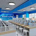 Bright Blue School Classroom with Desks Chairs Blackboard Windows and Ceiling Lighting 3d model