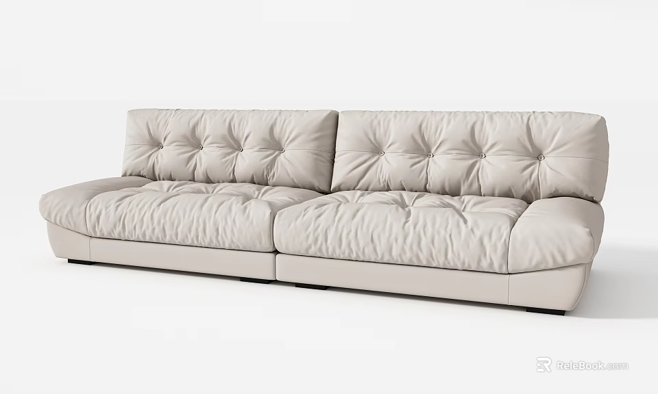 Elegant Beige Three-Seater Sofa With Tufted Backrest Padded Seats And Curved Arms 3d model 