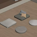 Light Colored Square Cushions And Round Ottomans In Wooden Floor Room