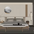 Modern Minimalist Bedroom Interior With Wooden Bed Headboard Circular Wall Art And Floor Lamp