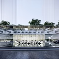 Modern Sales Office Building Design With Unique Roof Water Pool And Surrounding Trees