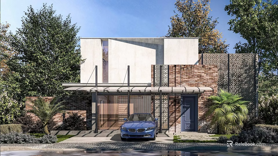 Modern Detached House Facade With Concrete Brick Walls Parked Car Greenery And Trees 3d model 