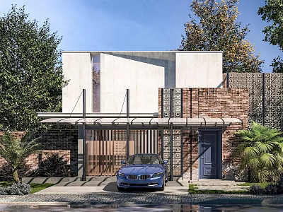 Modern Detached House Facade With Concrete Brick Walls Parked Car Greenery And Trees 3d model