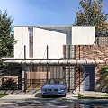 Modern Detached House Facade With Concrete Brick Walls Parked Car Greenery And Trees