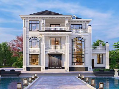 Detached Villa Exterior With Balcony Large Windows Stone Pathway Pool And Greenery 3d model