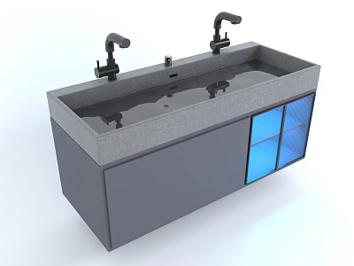 Modern Bathroom Vanity with Double Faucets Gray Countertop and Blue Glass Door Cabinets 3d model