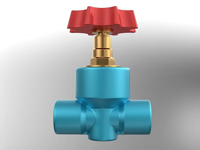 Blue Industrial Valve Design With Red Wheel And Golden Connection Components 3d model