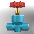Blue Industrial Valve Design With Red Wheel And Golden Connection Components