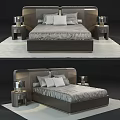 Modern Double Bed With Upholstered Headboard Gray Sheets And Bedside Table Lamps 3d model