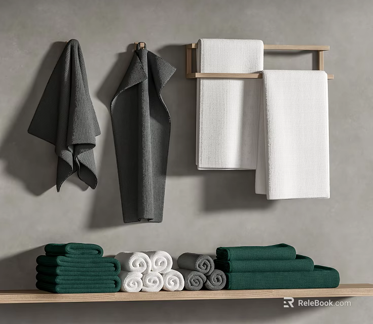 Soft Gray White And Green Towels Hanging On Wall And Folded On Wooden Shelf 3d model 
