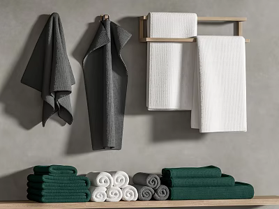 Soft Gray White And Green Towels Hanging On Wall And Folded On Wooden Shelf 3d model