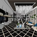 Modern Hotel Lobby Interior With White Tree Branch Decor Blue Sofas And Checkered Floor 3d model