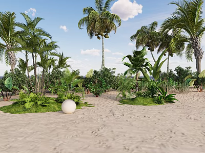 Tropical Beach Scene With Palm Trees Green Plants White Sphere And Blue Sky Clouds 3d model