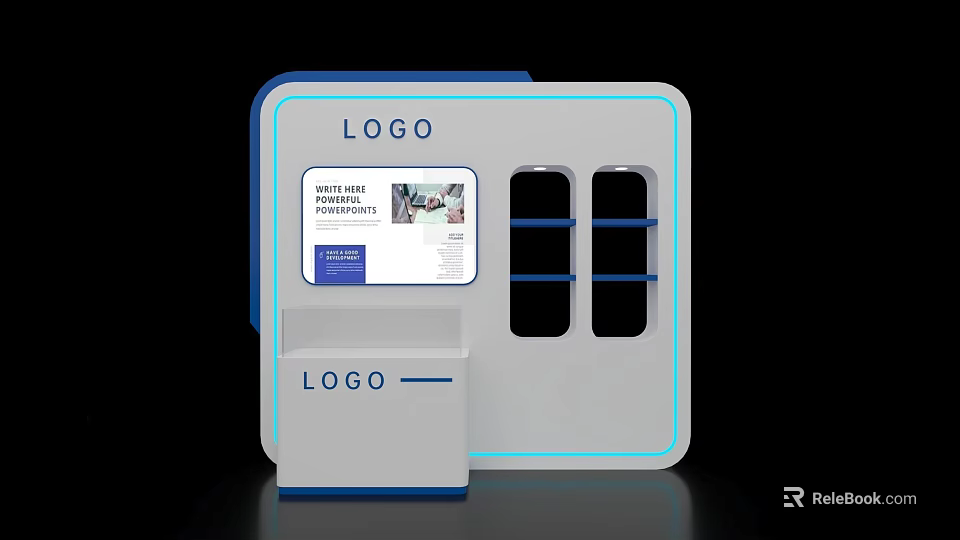 Modern Exhibition Island Design With Digital Screen Display Shelves And LOGO Elements 3d model